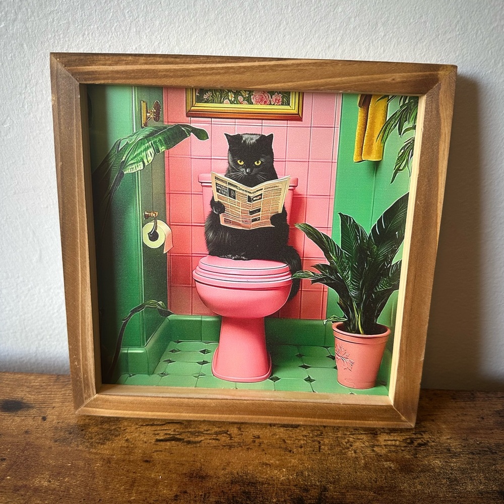 Framed Cat in Bathroom Wooden Art Decor with Pink and Green Accents 8x8” NWT